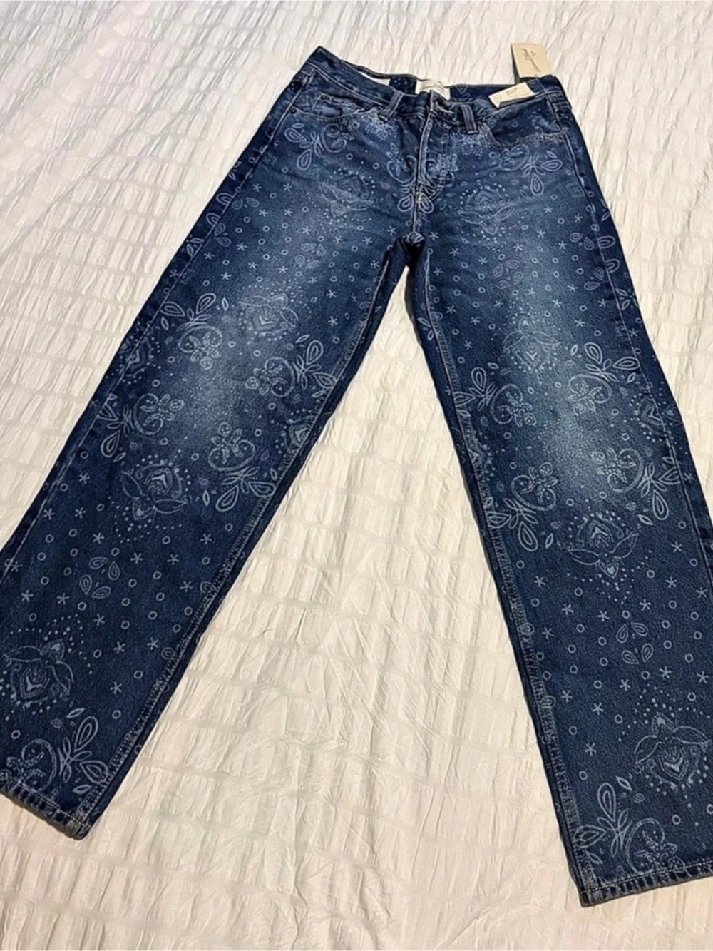 90s Low Baggy Paisley Bootcut Jeans in Blue bandana pattern Size 4 NWT
